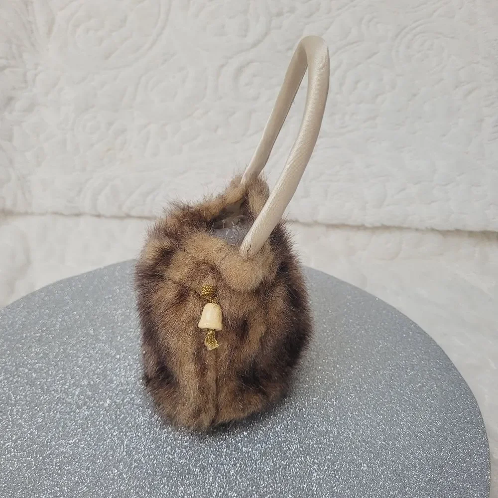 Brown Faux Fur Purse Drawstring Top Small Bag Satin Lined Rigid Handle Holiday
